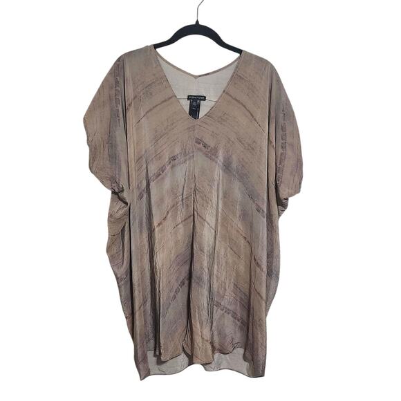 Eileen Fisher Women Small Mocha Grove Printed Silk Crepe V Neck Wedge Tunic Top - Picture 4 of 9